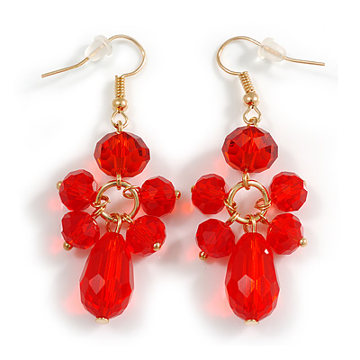 Red Glass Bead Drop Earrings In Gold Tone - 55mm L