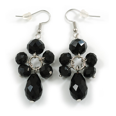 Black Glass Bead Drop Earrings In Gold Tone - 55mm L