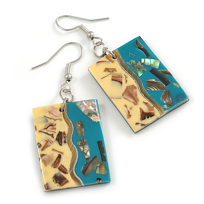 50mm L/Yellow/Teal Rectangular Shape Sea Shell Earrings/Handmade/ Slight Variation In Colour/Natural Irregularities