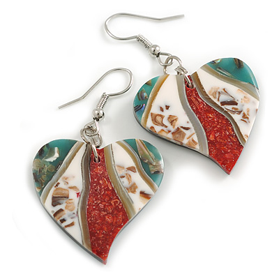 50mm L/Teal/Red/White Heart Shape Sea Shell Earrings/Handmade/ Slight Variation In Colour/Natural Irregularities