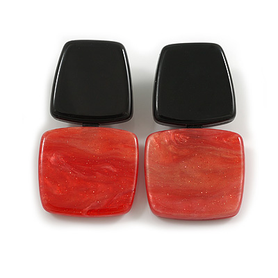 50mm Long Geometric Acrylic Drop Clip On Earings in Silver Tone in Black/Red