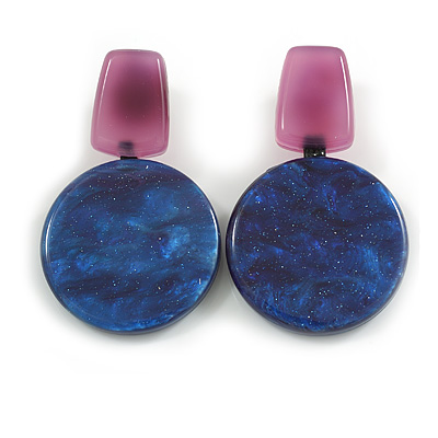 60mm Long Coin Acrylic Drop Clip On Earings in Silver Tone in Purple/Blue