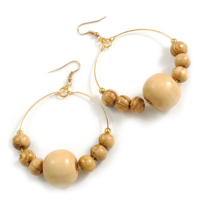 50mm Natural Wood Bead Large Hoop Earrings in Gold Tone - 75mm Drop