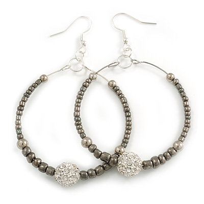 50mm Large Hematite Coloured Glass Bead with Crystal Ball Hoop Earrings in Silver Tone - 75mm Drop