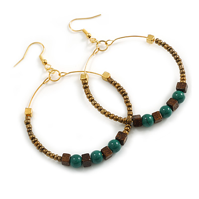 50mm Large Green Ceramic, Brown Wooden, Bronze Glass Bead Hoop Earrings in Gold Tone - 75mm Drop
