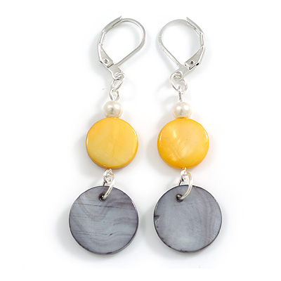Yellow/ Grey Black Shell Bead Drop Earrings In Silver Tone - 55mm L