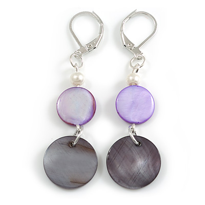 Purple/ Grey Black Shell Bead Drop Earrings In Silver Tone - 55mm L