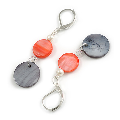 Red/ Grey Black Shell Bead Drop Earrings In Silver Tone - 55mm L