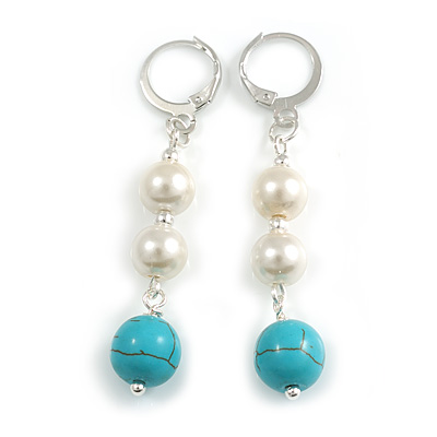 55mm Delicate Turquoise Faux Pearl Bead Drop Earrings In Silver Tone