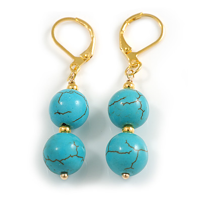 45mm Stylish Turquoise Bead Drop Earrings in Gold Tone