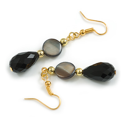 Black Shell/ Glass Bead Drop Earrings in Gold Tone - 55mm L