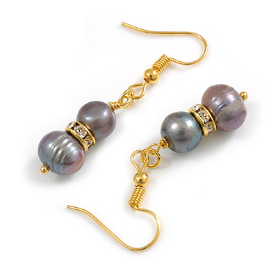 Delicate Grey Freshwater Pearl with Crystal Rings Drop Drop Earrings in Gold Tone - 40mm Drop