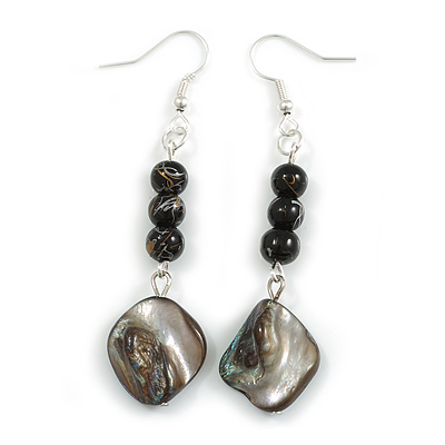 Long Black Ceramic/ Shell Bead Linear Earrings in Silver Tone - 65mm L