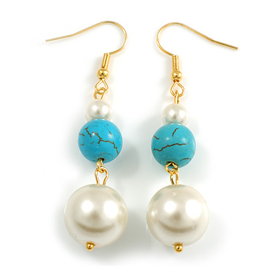 Faux Pearl and Turquoise Bead Long Drop Earrings in Gold Tone - 55mm L