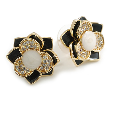 Black/White Enamel Clear Crystal Layered Flower Stud Earrings - 17mm Diameter