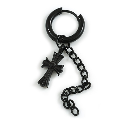 1Pcs Single Dangle Cross and Chain Charm Hoop Huggie Earring for Men/Women/Unisex In Black Tone/ 18mm D
