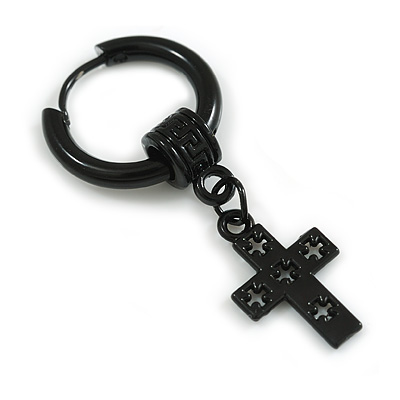 1Pcs Single Dangle Cross Charm Hoop Huggie Earring for Men/Women/Unisex In Black Tone/ 18mm D