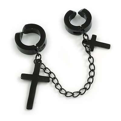 Unisex Non-Pierced Black Double Huggie Hoop Earring/ Ear Cuff with Cross Charms and Chain – Bold Single-Side Statement