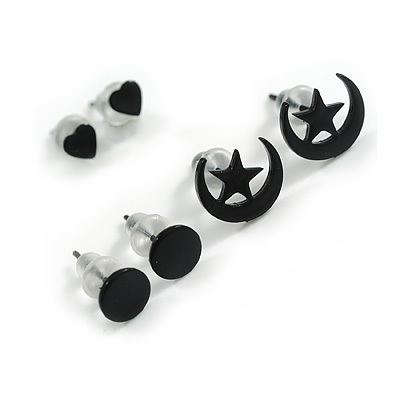 Black-Tone Stud Earring Set (Heart, Round,Crescent Moon and Star Studs) – 3 Pairs of Stylish Lightweight Earrings
