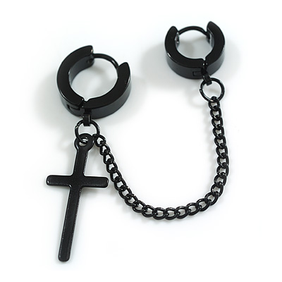 Men’s/Unisex/Women's Black-Tone Cross and Chain Double Hoop Huggie Earring (1 Piece)