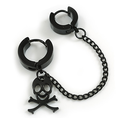 Unisex Black-tone Double Huggie Hoop Earring with Skull and Chain – Bold, Single-Side Statement