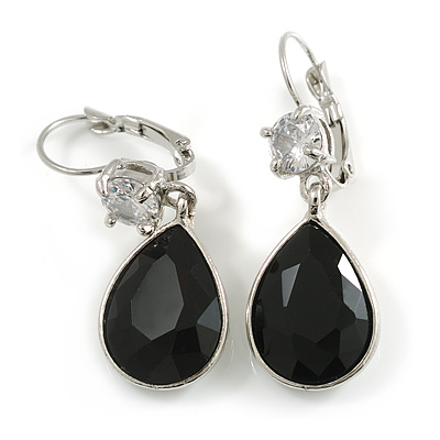 Black/ Clear CZ, Glass Teardrop Earrings With Leverback Closure In Silver Tone - 45mm L