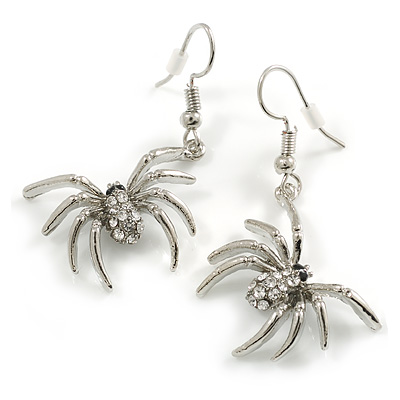 Crystal Spider Drop Earrings in Silver Tone - 45mm Long