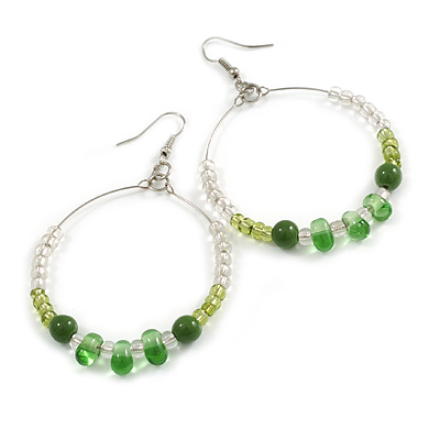 Olive/Green/ Transparent Ceramic/ Glass Bead Hoop Earrings In Silver Tone - 70mm Long