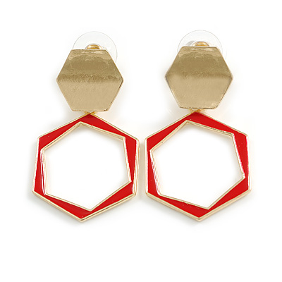 Red Enamel Geometric Drop Earrings In Gold Tone Metal - 50mm Long
