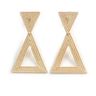 Bright Gold Tone Textured Double Triangular Geometric Drop Earrings - 50mm Long