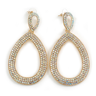 Spectacular AB Crystal Oval Drop Earrings in Gold Tone - 75mm L