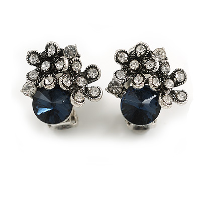 Vintage Inspired Crystal Floral Stud Earrings in Aged Silver Tone (Clear/Blue) - 15mm Tall