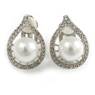 Clear Crystal White Faux Pearl Teardrop Clip On Earrings in Silver Tone - 22mm Tall