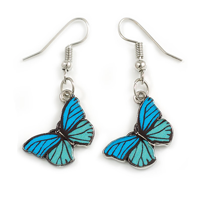 Aqua/Sky Blue Butterfly Drop Earrings in Silver Tone - 40mm Drop