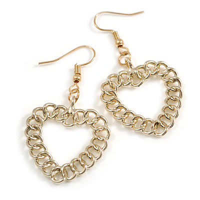 Gold Tone Round Link Heart Drop Earrings - 50mm Long