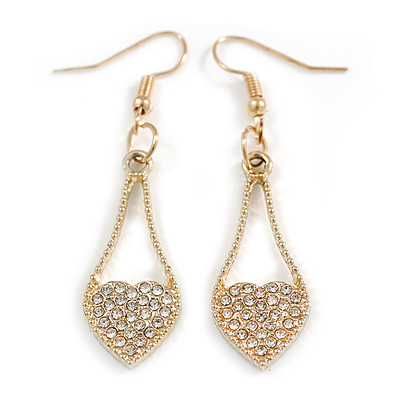 Clear Crystal Open Heart Drop Earrings in Gold Tone - 55mm L