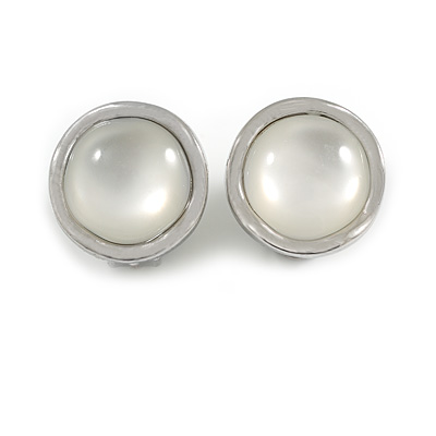 18mm D/ Round Button Shaped with Milky White Resin Stone Clip On Earrings in Silver Tone