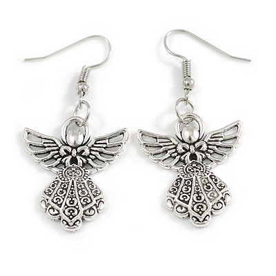 Etched Angel Drop Earrings in Silver Tone - 45mm Long