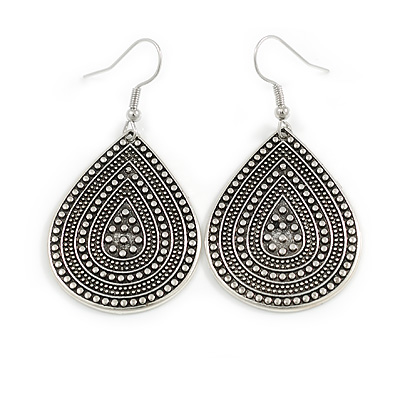 Teardrop Etched Drop Earrings in Aged Silver Tone - 50mm Long