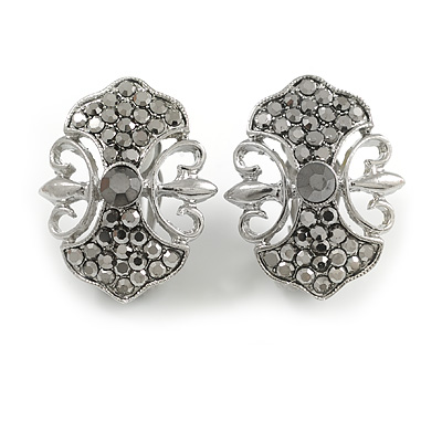 Victorian Style Hematite Coloured Crystal Clip On Earrings in Silver Tone - 25mm Tall
