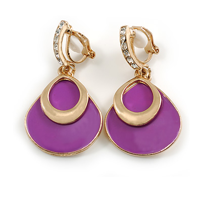 Purple Enamel Crystal Teardrop Clip On Earrings in Gold Tone - 40mm L