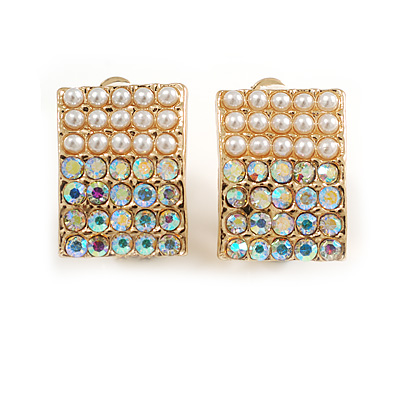 Faux Pearl AB Crystal Square Clip On Earrings in Gold Tone - 17mm Tall