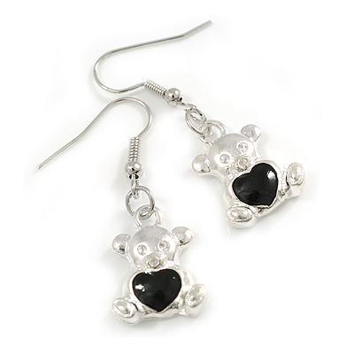 Silver Tone Teddy Bear with Black Enamel Heart Drop Earrings - 40mm Long