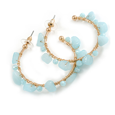 40mm/ Light Blue Stone Hoop Earrings in Gold Tone/ Medium