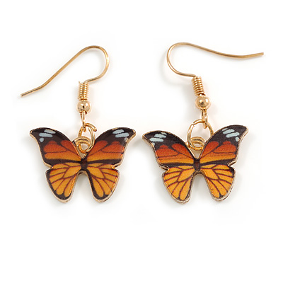Small Butterfly Drop Earrings in Gold Tone (Orange/Black Colours) - 35mm L