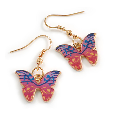 Small Butterfly Drop Earrings in Gold Tone (Pink/Blue Colours) - 35mm L