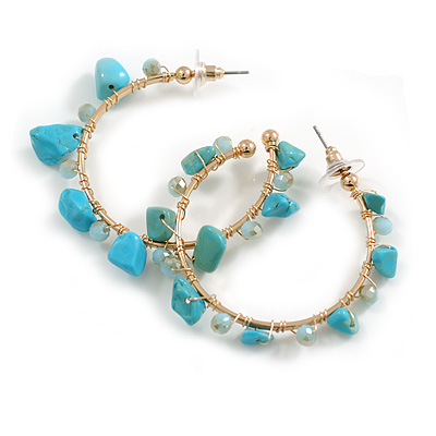 40mm/ Turquoise Stone Hoop Earrings in Gold Tone/ Medium