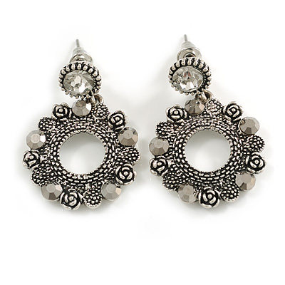 Vintage Inspired Textured Circles with Hematite Crystals Drop Earrings in Aged Silver Tone - 35mm L