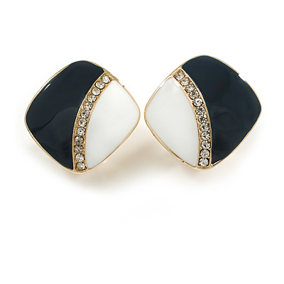 Dark Blue/ White Enamel Crystal Square Clip On Earrings In Gold Plating - 20mm