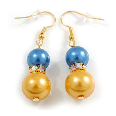 Yellow/ Blue Glass Double  Bead with AB Crystal Ring Drop Earrings in Gold Tone - 45mm Long